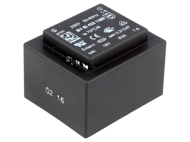 Transformator: ingegoten; 6VA; 230VAC; 18V; 333mA; PCB; BVEI Transformator: ingegoten; 6VA; 230VAC; 18V; 333mA; PCB; BVEI